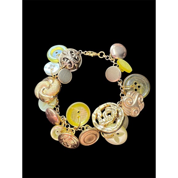Jewelry - Vintage Button Charm Bracelet: Yellow & Gold Buttons With Gold Chain - 8 Inch